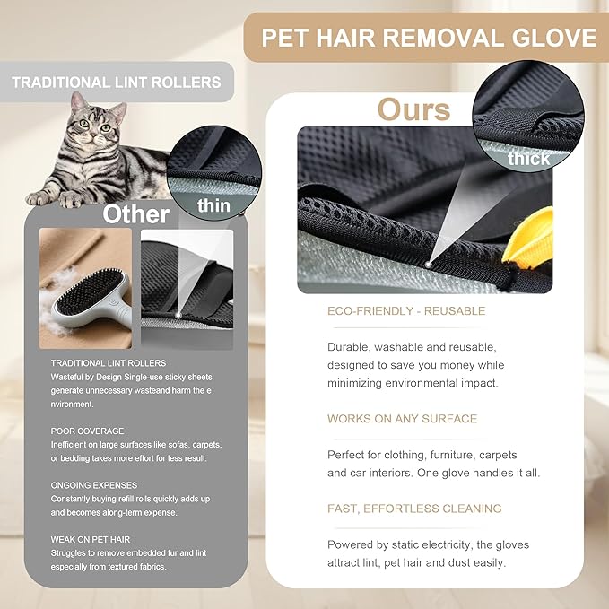 Pet Hair Remover Glove 3 Pack, Upgraded Electrostatic Pet Hair Removal Glove, Reusable & Washable Dog Cat Grooming Glove for Shedding, Effective Pet Hair Remover for Couch, Carpet, Car, Clothes