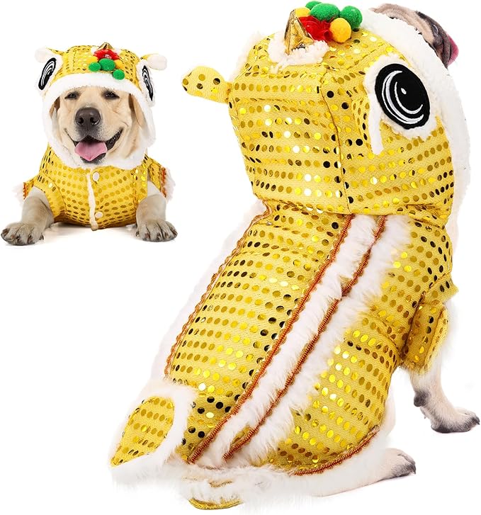 LEIFIDE Lion Dance Dog Costume Chinese New Year Pet Costume with Sequins Chinese Lion Dance Cloth Dog Clothes Hoodies Coat for pet New Year Spring Festival Dress up(2X-Large,Gold)