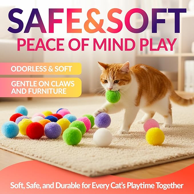 HA SHI [200pcs in Sturdy Jar] 1.2 Inch Soft Plush Cat Toy Balls - Perfect Size Interactive Fetch Toys for Indoor Cats, Quiet Night Play, Assorted Colorful Fuzzy Poms for Kittens