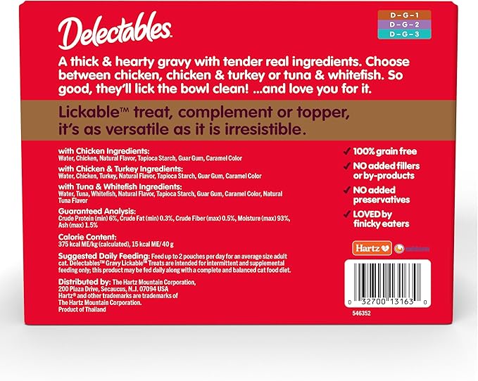 Delectables Lickable Treat Gravy Variety Wet Cat Treat & Food Topper, Food Topper, Hydrating, Grain-Free, No Fillers, No by-Products, No Added Preservatives, 1.4oz Pouch, 30 Pack