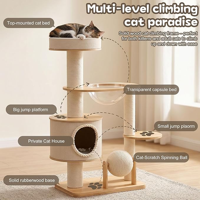 45IN Wooden Cat Tree for Large Indoor Cats, Multi-Level Cat Tower with Wide Base, Rubberwood Cat Condo, Space Capsule Bed, Scratching Posts, Reversible Mats & Modern Cat Furniture