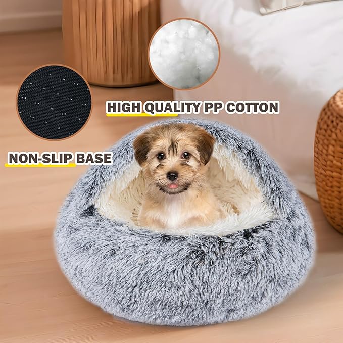 Cat Bed for Indoor Cats, Calming Cozy Cave with Self-Warming Plush, Entire Bed Machine Washable & Anti-Slip Base, Breathable Pet Bed for Small Cats&Dogs All Seasons (Grey, 22 * 22inch)