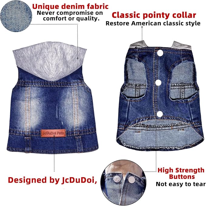 Dog Jeans Jacket with Hooded Denim Pet Coat for Puppy Small Dogs Classic Overalls Male Cat Costumes Washed Vest Clothes Outfit T-Shirts(Hoodie Small)