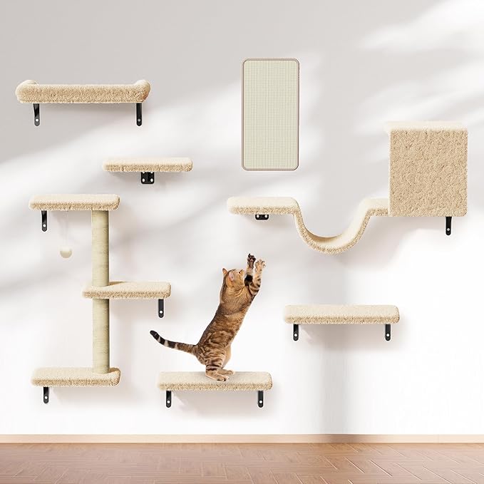 Cat Wall Shelves for Large Cats, Stable & Safe Kitty Walls Furniture Set for 40LBS Cats with Wooden Cat Climber,House, Bridge, Tree, Steps, and Scratcher for 16 Inch Drywall (Beige, 5-in-1)
