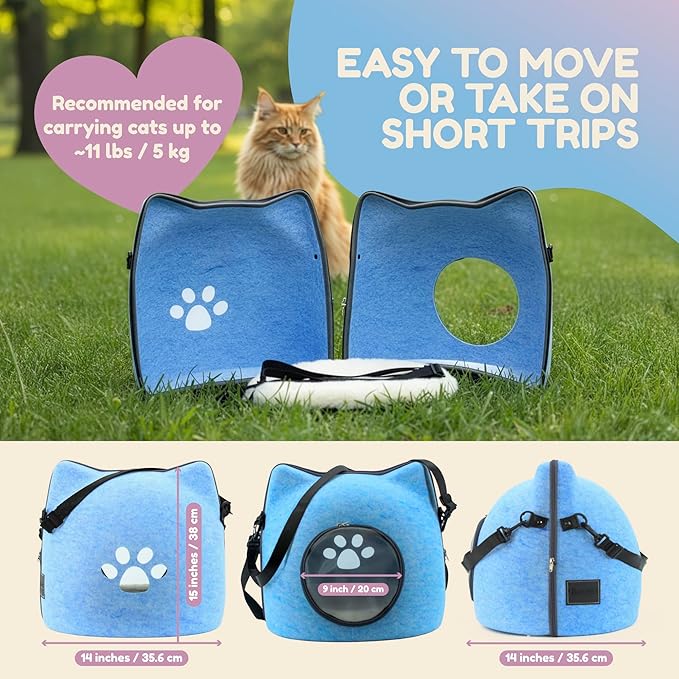 Cat Cave Bed for Indoor Cats – Felt Covered Hideaway with Cushion, Foldable Enclosed Pet House, Portable Cozy Cave Bed for Medium & Large Cats (Blue)