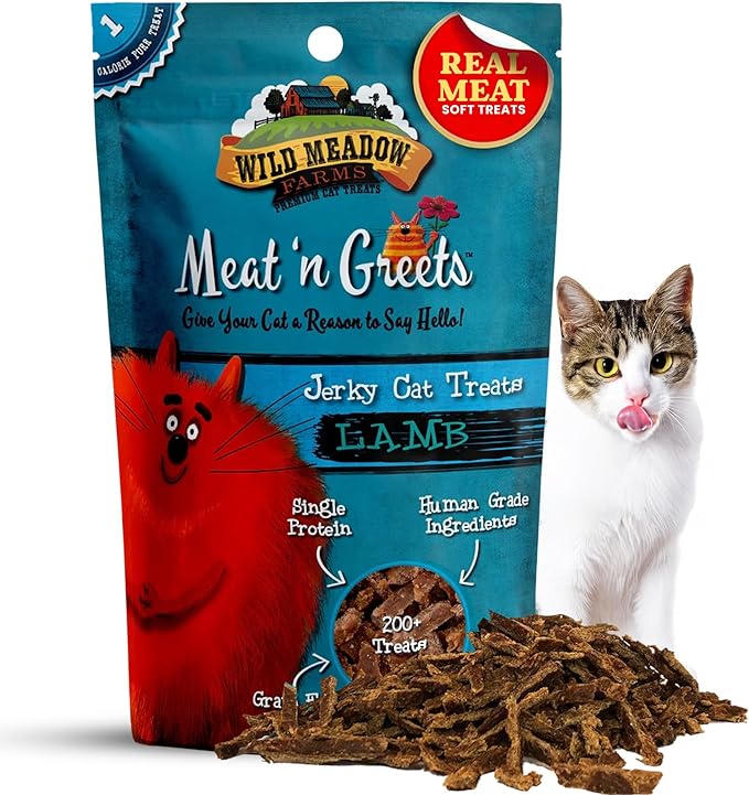 Cat Treats - Meat 'N Greets - Soft Jerky Treats with Real Meat, High Protein, Grain-Free, Perfect for Training & Rewarding, All Natural Snacks for Cats - Lamb Flavor