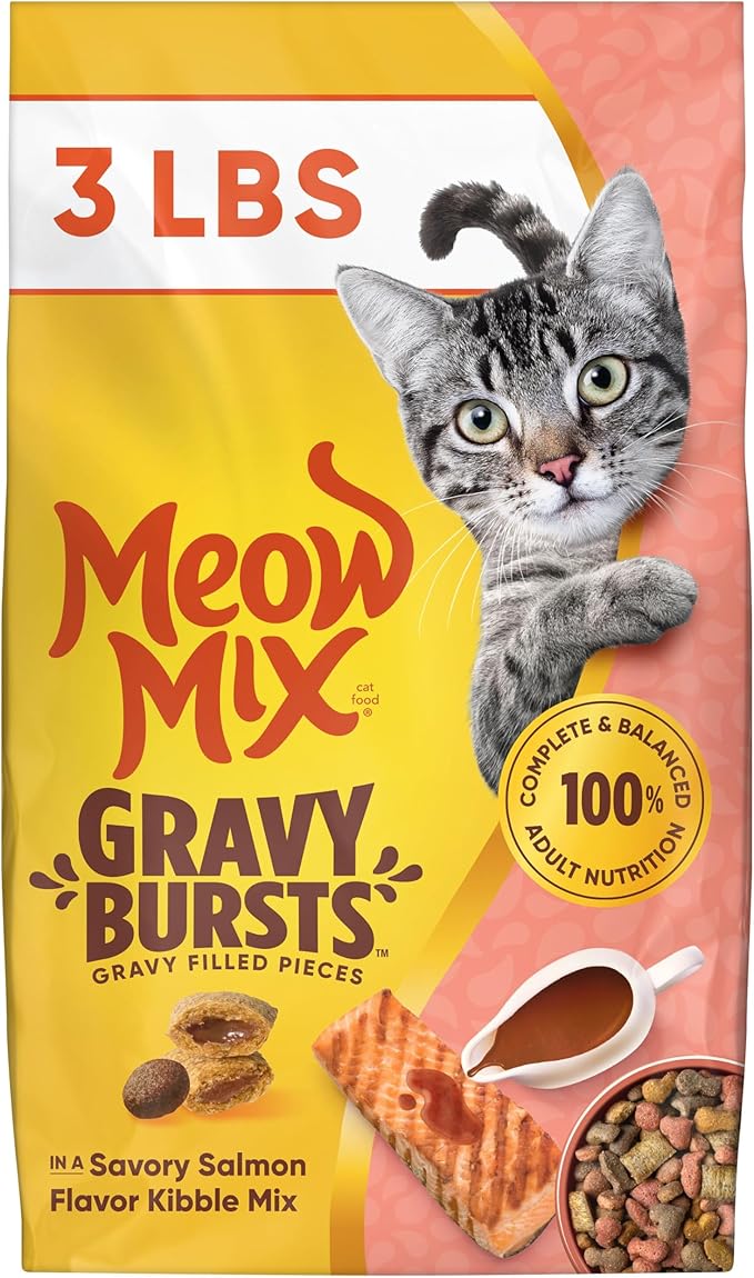 Meow Mix Gravy Bursts, Savory Salmon Flavor Kibble Mix, Gravy Filled Dry Cat Food, 3 lb. Bag