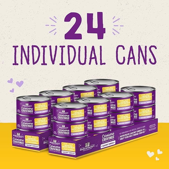 Stella & Chewy's Carnivore Cravings Savory Shreds Cans – Grain Free, Protein Rich Wet Cat Food – Cage-Free Chicken & Chicken Liver Recipe – (5.2 Ounce Cans, Case of 24)