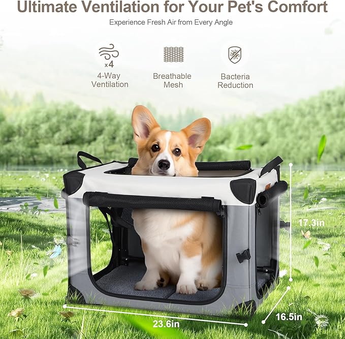 Lekereise Collapsible Dog Crate for Travel - 23.6"x16.5"x16.5" Portable Soft Foldable Playpen for Dogs and Cats, Grey, Large
