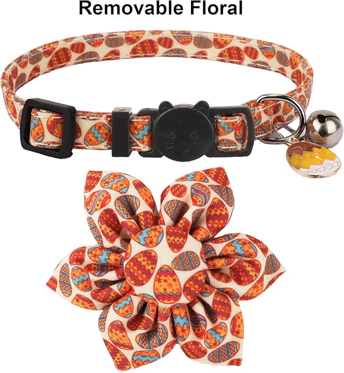 ADOGGYGO Easter Cat Collars with Removable Flower Bell, Adjustable Rabbit Easter Eggs Pattern Cat Floral Collars for Cats Kittens
