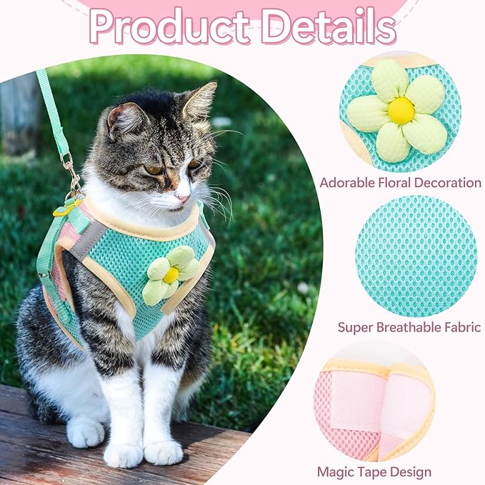 Cat Harness and Leash Set Escape Proof, Adjustable Cat Vest Harnesses Soft Kitten Harness Reflective Strips Jacket with Flower, Breathable Mesh Harnesses for Cats Puppy Easy to Wear Outdoor Walking
