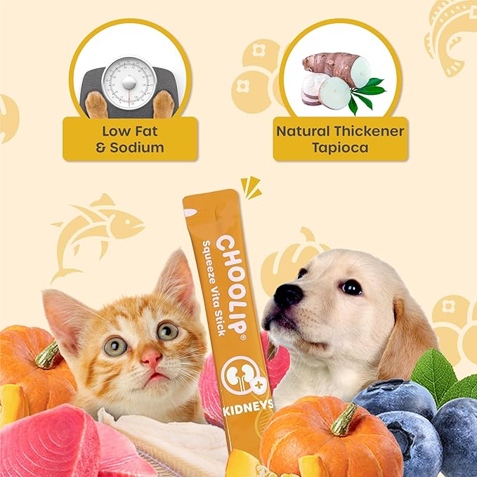 Choolip Squeeze Vita Stick Lickable Cat and Dog Treats – 20-Count Kidney Support Sticks – Creamy Puree with Multivitamins, Cranberry, and CoQ10 for Renal & Urinary Health – Grain-Free & Vet-Formulated