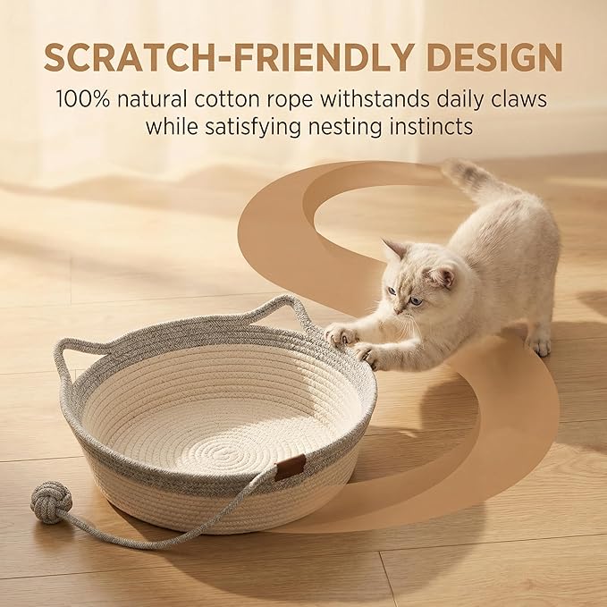 Stimulicat Hand Woven Cotton Rope Cat Bed Basket with Scratching Pad and Ball, Round Boho Pet Nest for Indoor Cats and Small Dogs, Natural Breathable, All-Season (Grey, Large)