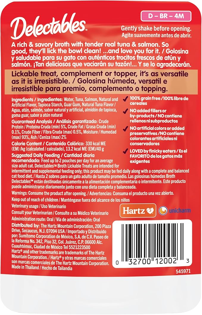 Delectables Hartz Savory Broths Tuna & Salmon Lickable Wet Cat Treats,(Pack of 24)