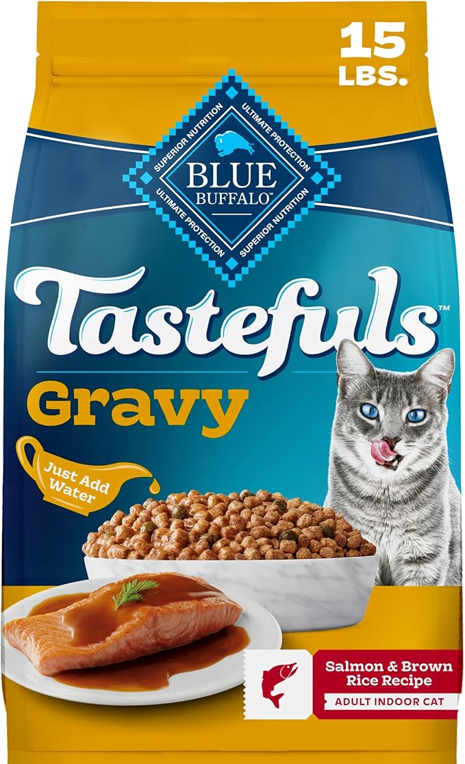 Blue Buffalo Tastefuls Irresistible Gravy Experience Salmon & Brown Rice Recipe Dry Indoor Cat Food for Adult Cats, Deliciously Healthy Natural Cat Food, Supports Digestion & Coat Health, 15 lbs.