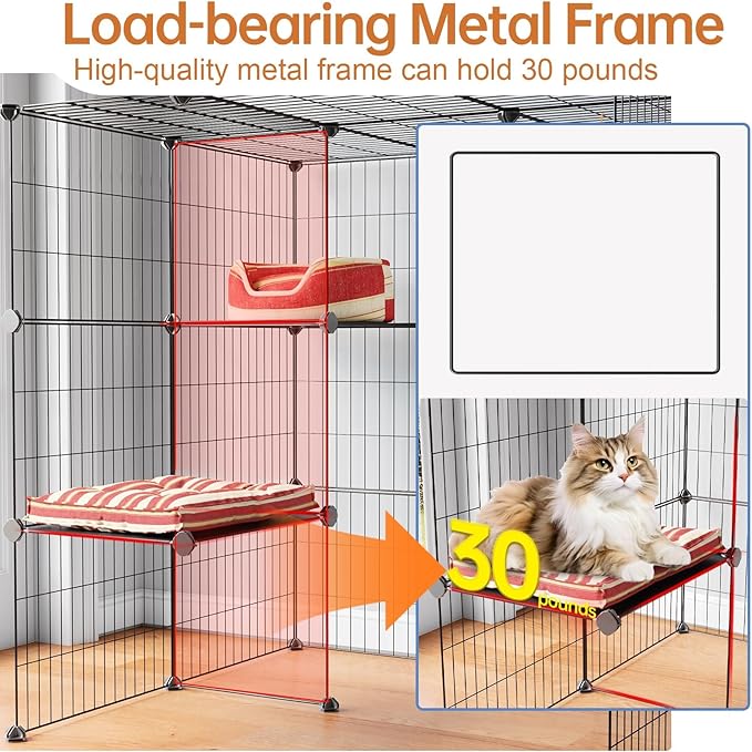 Oneluck 4-Tier Cat Cage for Indoor Cats 47.2-Inch Large Detachable Metal Wire Catio Enclosure Modular DIY Pet Playpen with 3 Platforms and 4 Doors for 1-2 Kittens 31.5 x 23.6 x 47.2 Inches Black