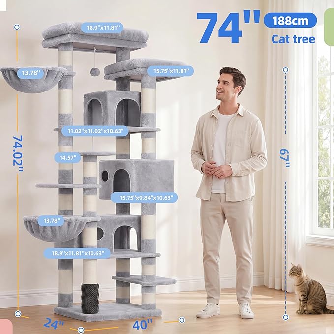 Hey-brother Cat Tree, 74 inches Multi-Level XL Large Cat Tower for Indoor Cats with Three Cat Condos, Two Large Top Decks and Cat Hairbrushfor Kittens, Cats and Pets, Light Gray MPJ035-MW
