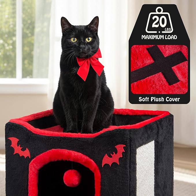 Gothic Cat House Bed for Indoor Cats Coffin Cat Condo with Scratch Pad and Fluffy Ball Toy, Foldable Hideaway Cube, Pet Bed for Kittens and Large Cats, 16.5x16.5x13in, Red Black Halloween