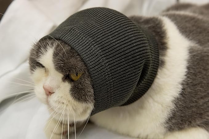 Cat Head Cover Hematoma Lightweight Snood Covers Ear Wrap for Cats Wine+Grey-S