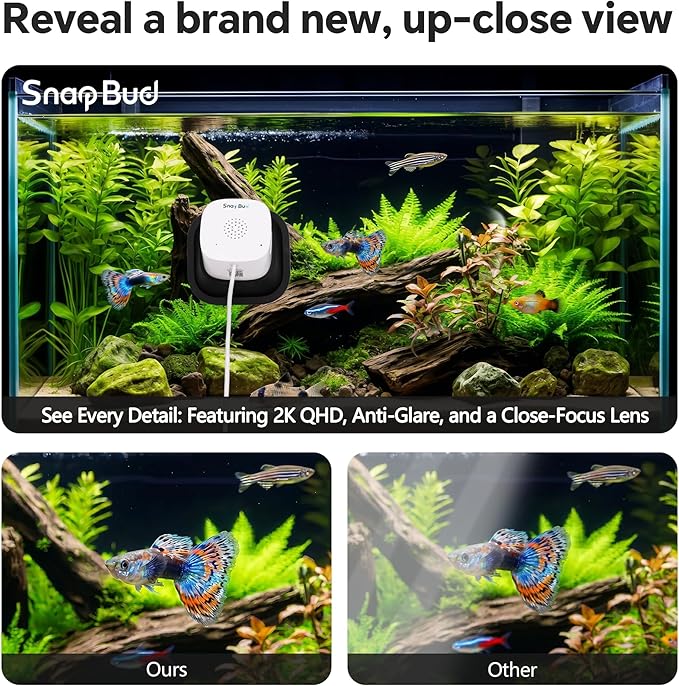 3MP 2K AI Reptile & Aquarium Camera with Angle Magnetic Mount, Close-Focus Lens for Fish Tank Terrarium Lizard Snake Pet, 2.4G&5GHz WiFi, 24/7 Recording, Anti-Glare & No Reflection