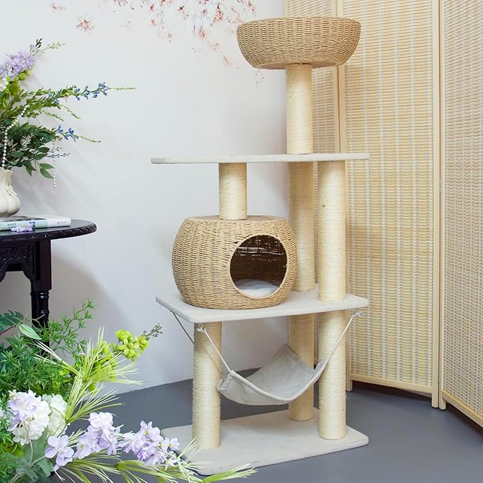 Wood Cat Tree for Indoor Cats, 52.4 Inch Tall, with Scratching Post and Hammock