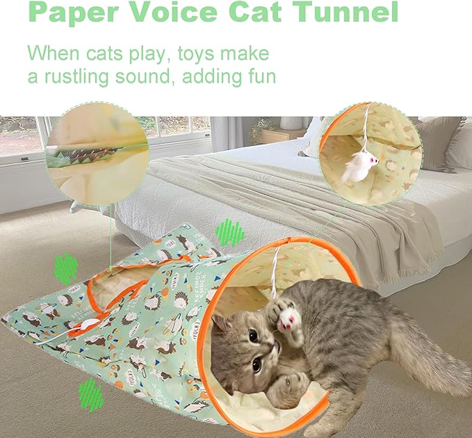 Cat Tunnel Bag for Indoor Cats, Foldable Pet Tunnel Crinkle Sack Bag with a Little Mouse & 3 Toy Ball, Portable Crinkle Paper Interactive Hide and Seek Cat Toys (Green)