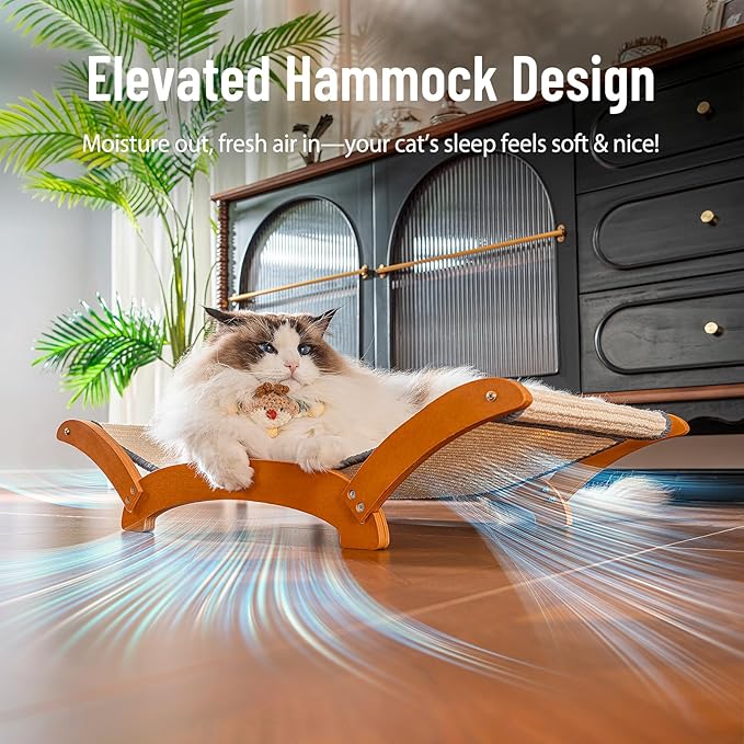 JUNSPOW Sisal Cat Scratcher Bed for Indoor Large Cats Lounger & Sleep, Natural Durable Cat Scratching Hammock Pad Board, Solid Wooden Kitten Chair Furniture Easy Assembly