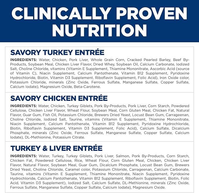 Hill's Science Diet Adult 1-6 Wet Cat Food Variety Pack, Savory Entrée Turkey & Liver, Chicken, and Turkey, 5.5 oz. Cans, 12-Pack