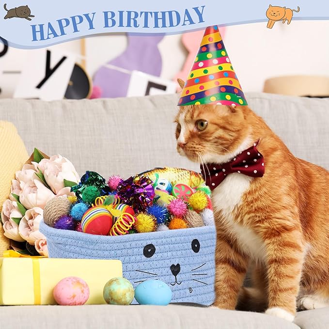 Zopeal 58 Pcs Summer Graduation Cat Storage Basket Gift Toys Set, Colorful Flashing Balls Pet Bell Crinkle Balls Spring Toys Attract Cat to Swat, Hunt, Interactive for Pet(Light Blue,9.8 Inch)