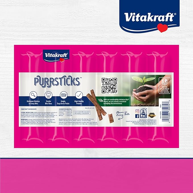 Vitakraft PurrSticks for Cats - Nutritious & Healthy Soft Cat Treats - Gently Oven Roasted Meat Sticks for Cats w/ 70% Meat - Easy-to-Serve Cat Chew Sticks (Chicken, 24 Pack)
