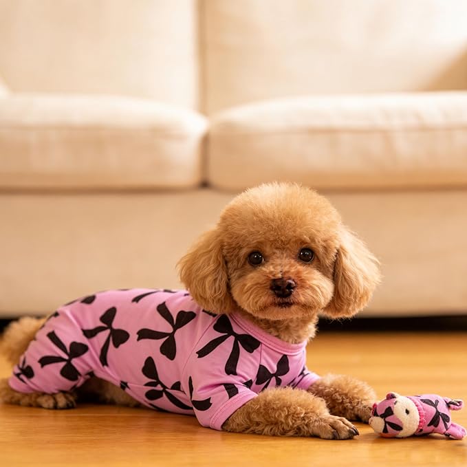 Dog Pajamas Summer Cute Print Puppy Jumpsuit Thin Dog Onesie Small Dog Clothes with Comfy & Elastic Frbic Puppy Pjs(Violet Bowknot,Large)
