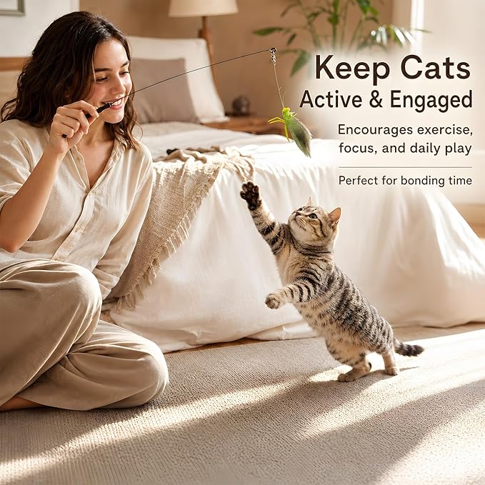Cat Teaser Wand with 3 Grasshopper Tops, 16.5” Interactive Cat Fishing Pole Toy, Bug on String Toy for Indoor Kittens, Fun Exercise & Play