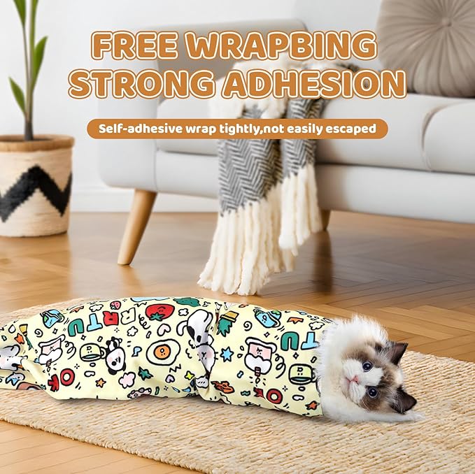 21.7" Cat Grooming Wrap for Cutting Nails, Graffiti Pattern Self-Adherent Fabric Wrap for Cats, Anti-Scratch Anti-Escape Multifunctional Cat Swaddle Tool for Teeth Brushing, Ear Cleaning
