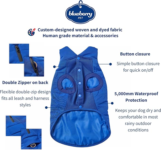 Blueberry Pet Waterproof Windproof Quilted Dog Coat – Warm Fall/Winter Jacket for Medium & Large Dogs, Navy Blue Outdoor Dog Clothes, 18" Back Length