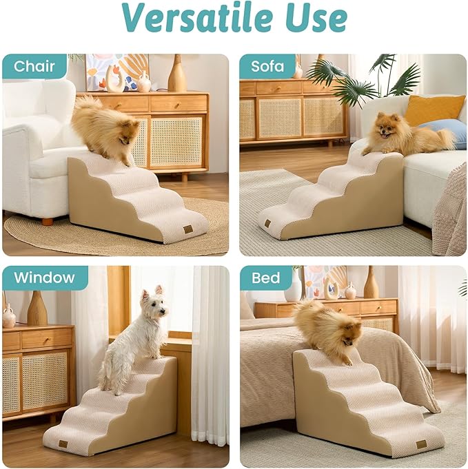 COZY KISS Dog Stairs for Small Dogs 19.7"H, 5-Step Sturdy Foam Dog Steps for Couch, Bed or Sofa, Curved Pet Stairs for Puppy and Older Cat, Doggie Ladder with Washable Cover, 15.7x33x19.7 inch, Beige