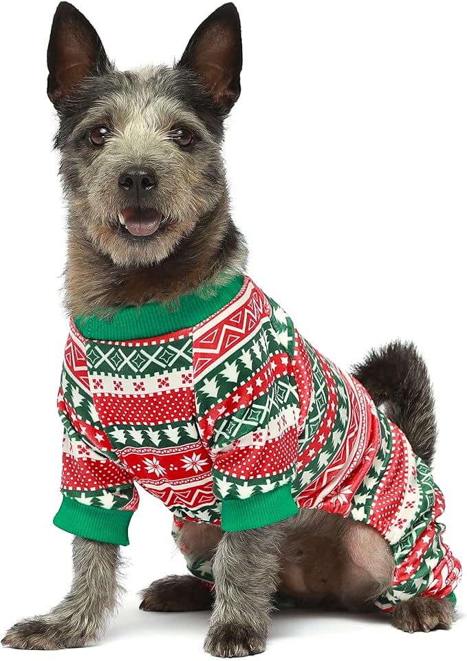Fitwarm Dog Christmas Outfit, Holiday Pet Clothes for Small Dogs Boy Girl, Festive Pajamas with Feet, Puppy Onesie, Red, Green, Small