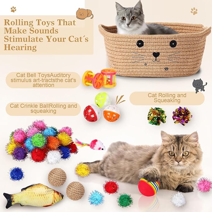 Zopeal 58 Pcs Summer Graduation Cat Storage Basket Gift Toys Set, Colorful Flashing Balls Pet Bell Crinkle Balls Spring Toys Attract Cat to Swat, Hunt, Interactive for Pet(Khaki,9.8 Inch)