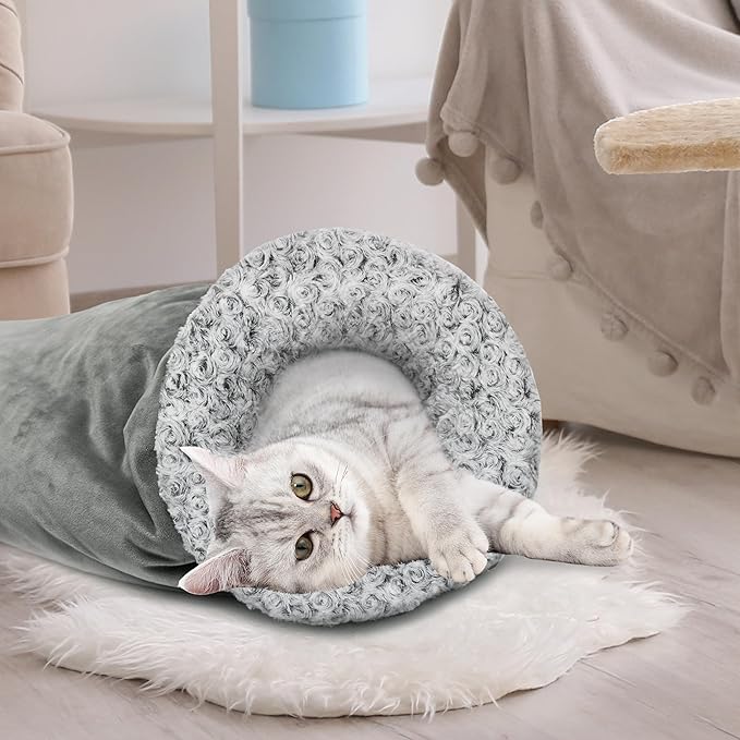 Cat Cave Bed for Indoor Cats, Warm Covered Cat Bed for Sleeping Relax Play, Cozy Fluffy Flannel Washable Kitten Tunnel Nest for Cold Weather