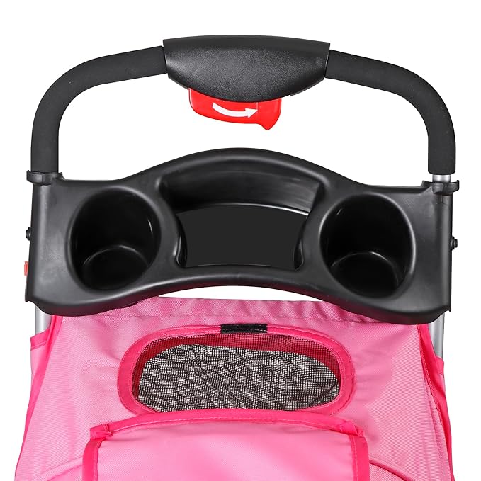 JungleA Foldable Pet Stroller for Cats Dogs,3 Wheel Jogger Stroller for Small to Medium Pets,Lightweight & Portable & Durable with Weather Cover, Storage Basket and Cup Holder,Pink