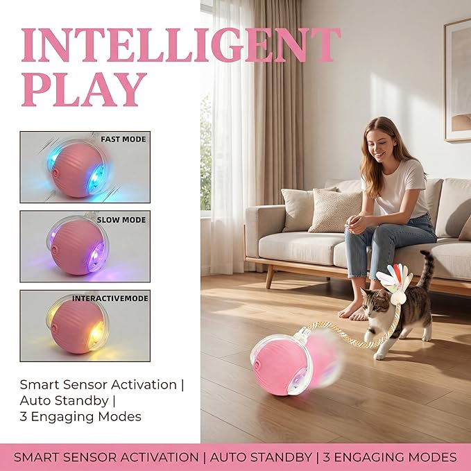 Rechargeable Smart Rolling Cat Ball, Automatic Interactive Cat Toy with 3 Modes, LED Light & 3 Replaceable Accessories, Indoor Cat Exercise Toy for Kittens & Adult Cats, for Boredom Relief Sky blue