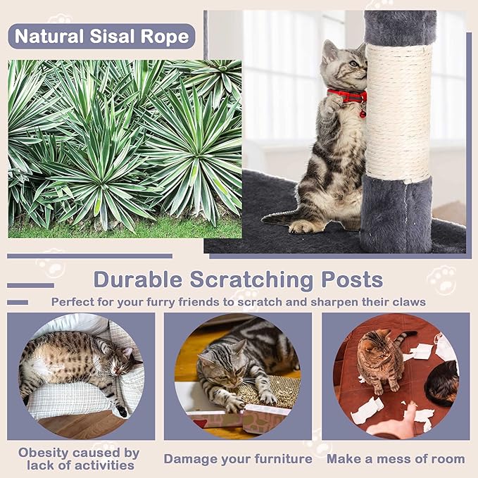54 Inch Tall Cat Tree Tower - Multi-Level Cat Condo with Scratching Post, Toys & Rest Area, Light Grey