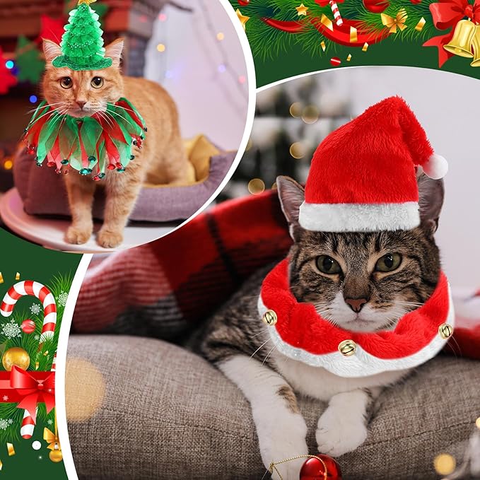 Abbylike 8 Pcs Cat Christmas Costume Suit Tutu Collar and Green Shiny Hat Outfit Santa Christmas Cat Collar with Bell Hat and Collar Kitten Outfit Clothing for Puppy Dog Gift