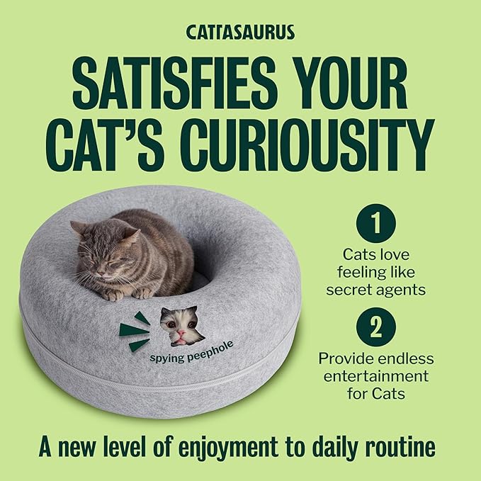 Cattasaurus Peekaboo Cat Cave Donut for Multiple & Large Cats up to 30-45 lbs, 3-in-1 Self Warming Cat Bed, Tunnel & Scratcher for Indoor Cats, Washable & Detachable Small Dog Bed (Light Gray, Large)