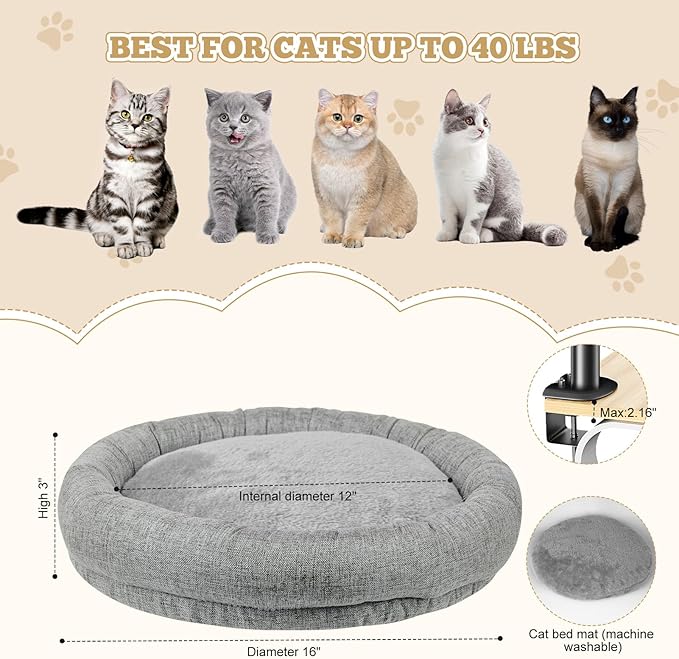 Cuipingoo Cat Desk Bed - 360° Rotating & Adjustable, Supports 40 lbs, Soft Faux Fur with Dual-Sided Reversible Mat, Modern Indoor Cat Nest Furniture for Office Desks and Game Tables, Island Table