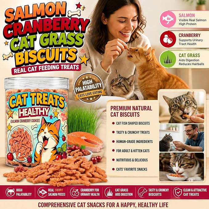 Salmon & Cranberry Cat Treats with D-Mannose - Urinary Tract Support for Indoor Cats, Crunchy Dental Health Snacks in 6oz Resealable Jar