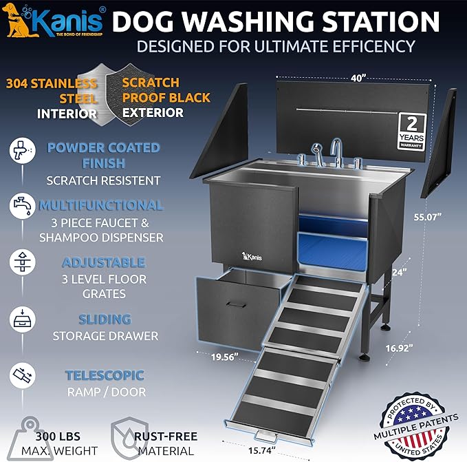 KANIS Professional Dog Washing Station 304 Stainless Steel Pet Wash Sink & Grooming Bathtub w/Shower, Floor Grates and Storage for Large, Medium & Small Pets (Black, 40 Inches, Right Ramp, 1 Drawer)