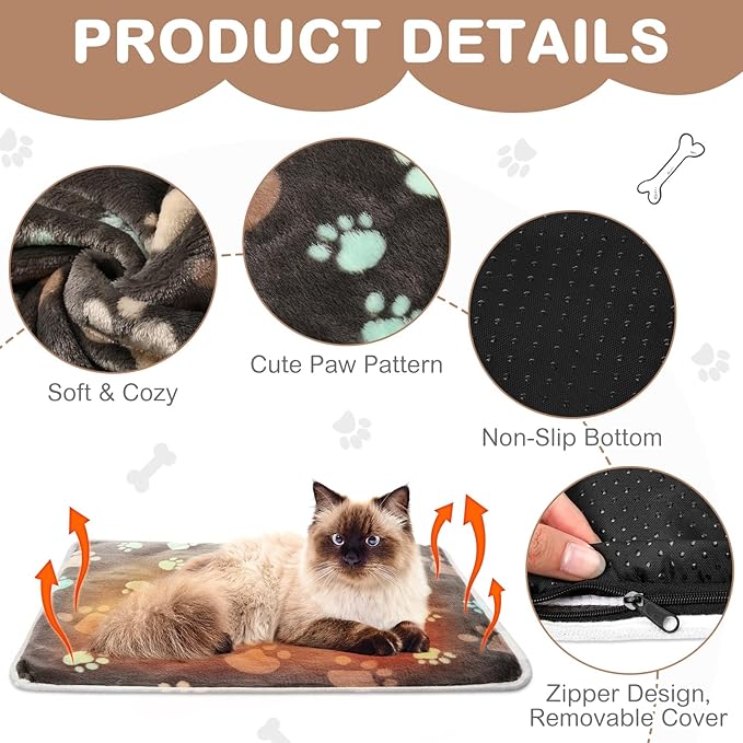 HunnmingRe 2 Pack Self Warming Cat Bed Self Heating Dog Pad Cat Warming Pad Thermal Pet Mat Washable Reflect Body Heat Removable Cover for Indoor Kittens Puppies Feral Pet(Dog Paw,16 x 20 Inch)