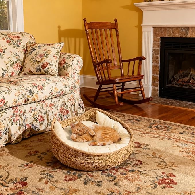 Cat Bed - Woven Pet Sleeping Basket, Cat Basket Bed, Soft Cushion Resting Lounge with Pillow | All Season Animal Relaxation Furniture, Comfortable Indoor Nest Style Sleeping Space | Daily Comfort