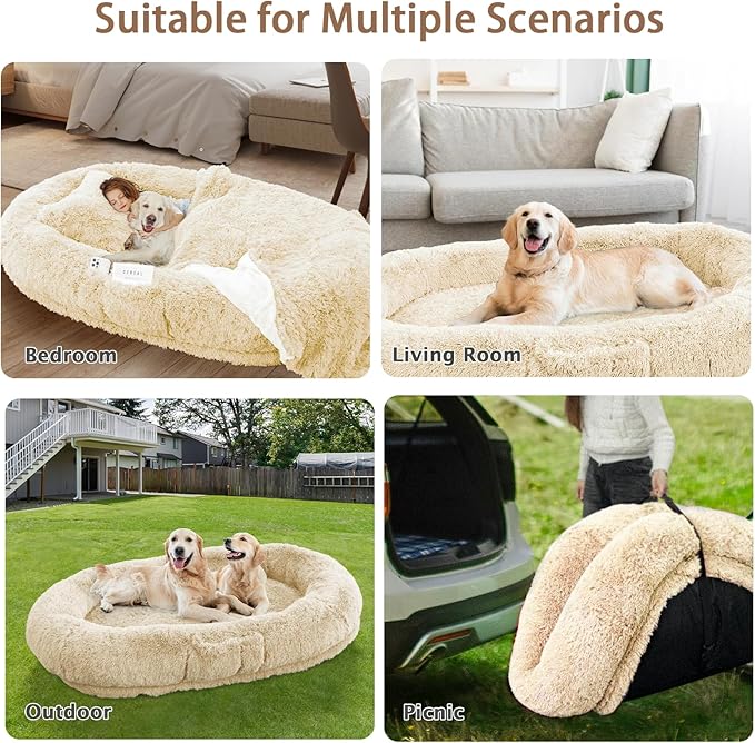 ROOMTEC Human Dog Bed, 71''x45''x12'' Size Fits Adult and Pet Washable Giant People Bed 10 CM Thick Memory Foam Large Oversize Pet Bed with Plump Pillow, Blanket, Strap - Beige