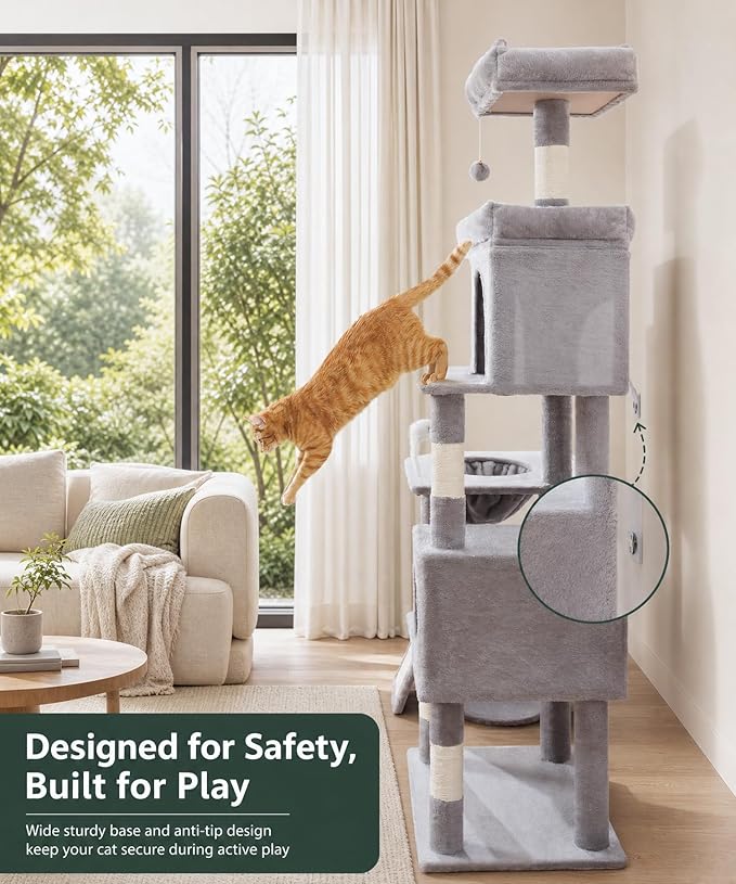 68 Inches Heavy Duty Cat Tree for Indoor Cat, Big Cat Tower with Sisal Scratching Posts and Top Perch, Large Platform for Adult Cats, PMT02GY, Grey